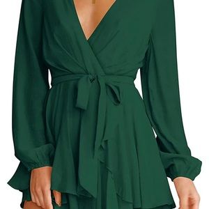 Women's Dress Deep V-Neck Long Sleeve Waist Tie Ruffle Mini Swing Skater Dresses